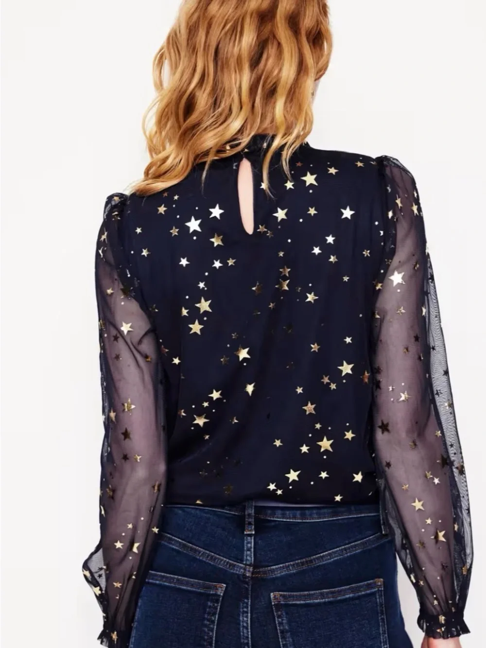 Boden Navy & Gold Metallic Star Mesh Blouse | US 18 / UK 22